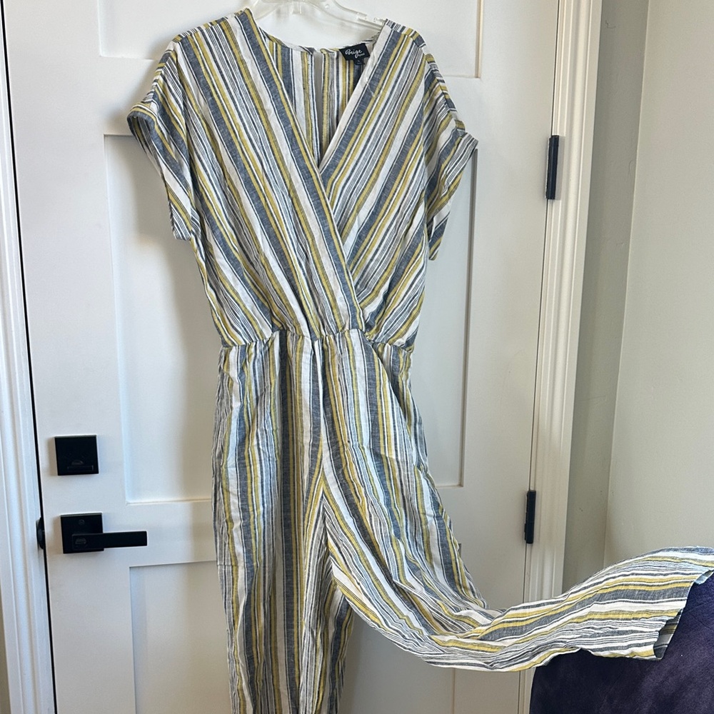 Beige by eci Striped V-Neck Jumpsuit in Yellow, Gray & White